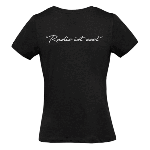 Schwarzes Damen-T-Shirt von hinten mit weißer Schrift 'Radio ist cool'
