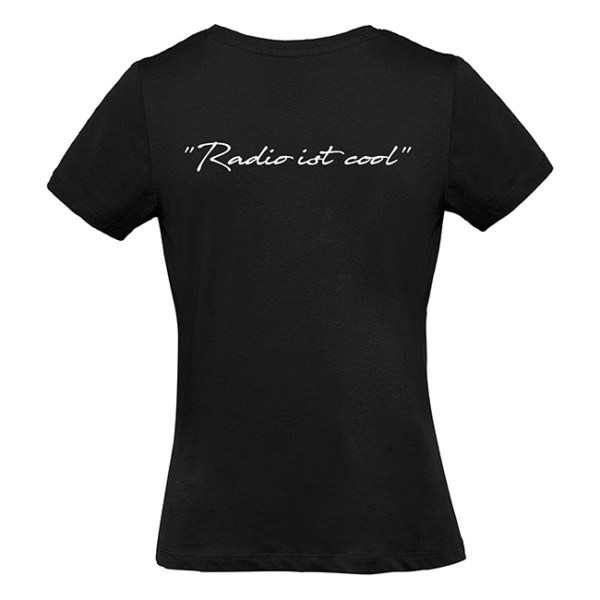 Schwarzes Damen-T-Shirt von hinten mit weißer Schrift 'Radio ist cool'