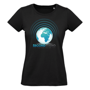 Schwarzes T‑Shirt mit blauem Globus, Radiowellen und SECOND RADIO‑Schriftzug