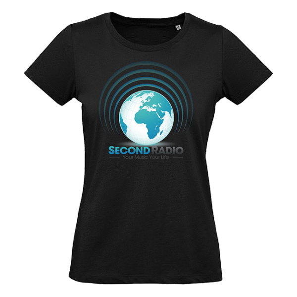 Schwarzes T‑Shirt mit blauem Globus, Radiowellen und SECOND RADIO‑Schriftzug