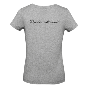 Grau meliertes T‑Shirt hinten mit schwarzem Schriftzug „Radio ist cool“