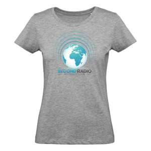 Graues Damen-T-Shirt mit blauem Weltkugel-Radio-Logo und SECOND RADIO Schriftzug