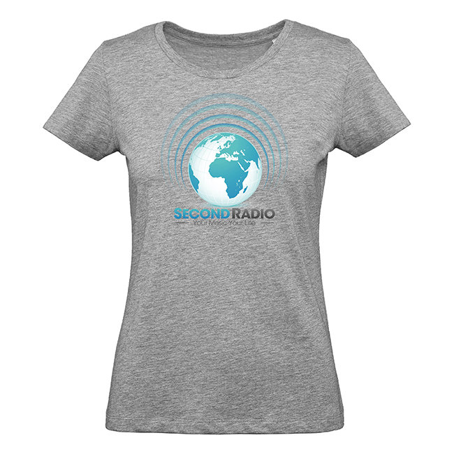 Graues Damen-T-Shirt mit blauem Weltkugel-Radio-Logo und SECOND RADIO Schriftzug