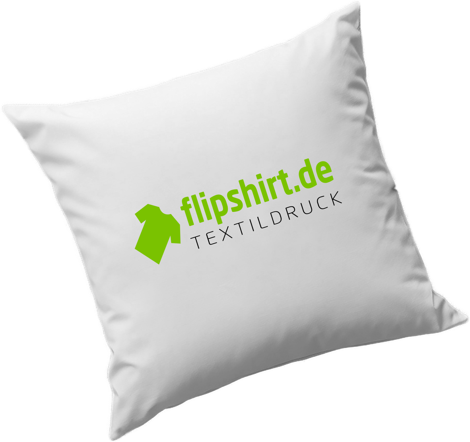 Weißes Kissen mit grünem T-Shirt-Symbol und Schriftzug flipshirt.de TEXTILDRUCK